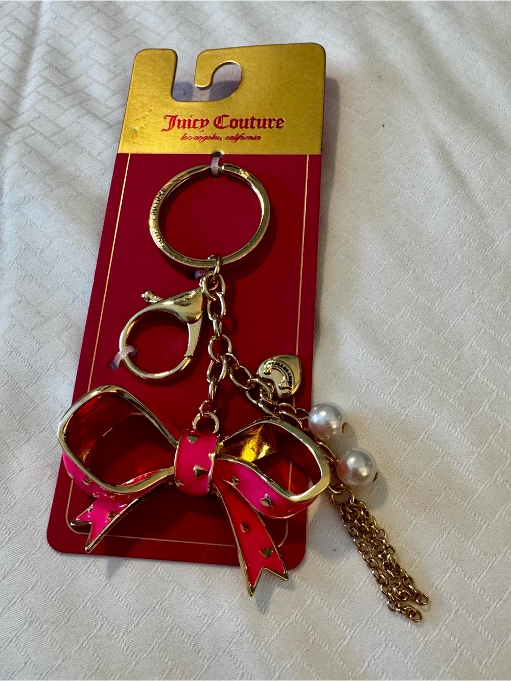 Juicy Couture Hot Pink Enamel Bow Keychain with Gold Accents